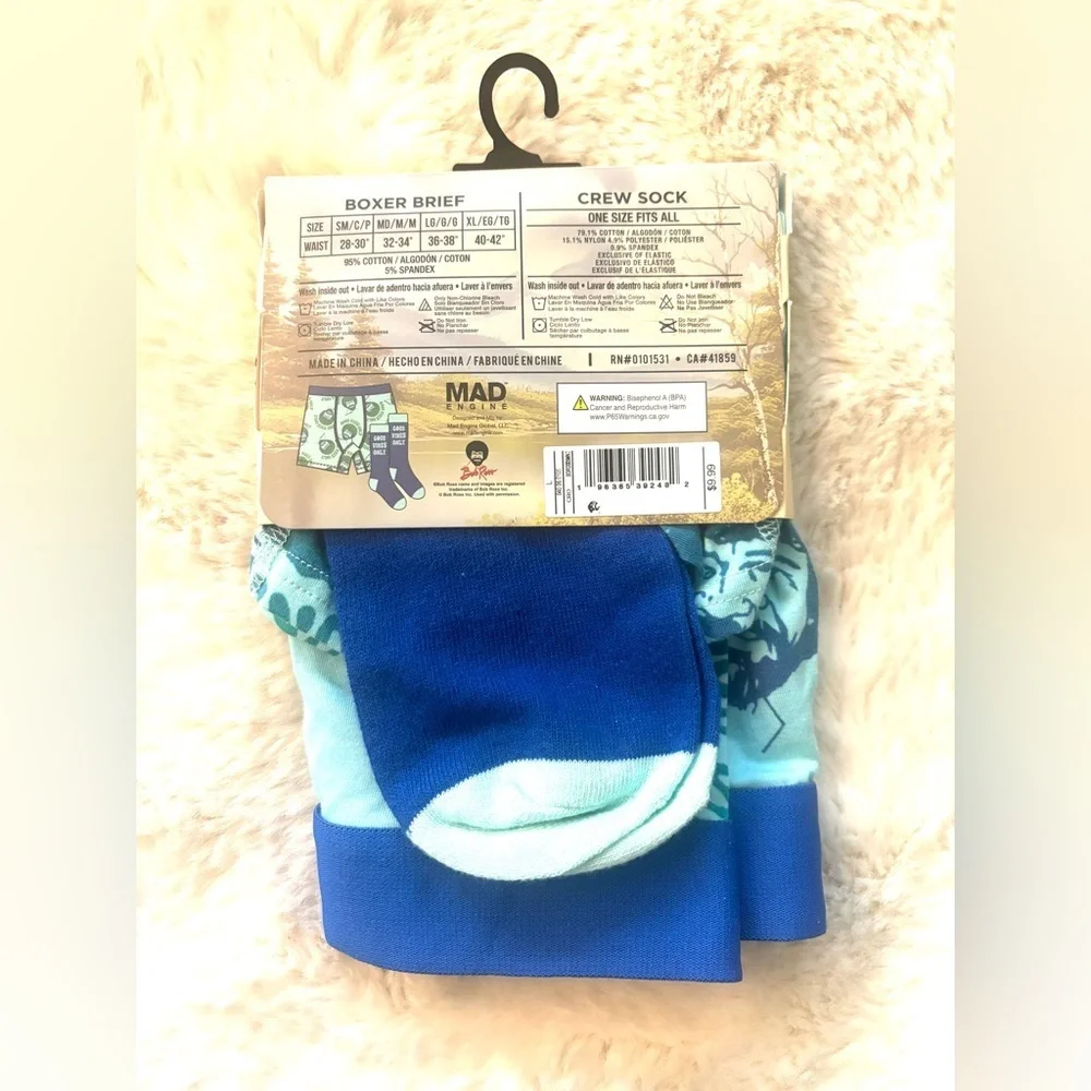 Bob Ross | “Good Vibes Only” Blue Retro Boxer Brief & Crew Sock Set NWT | Large